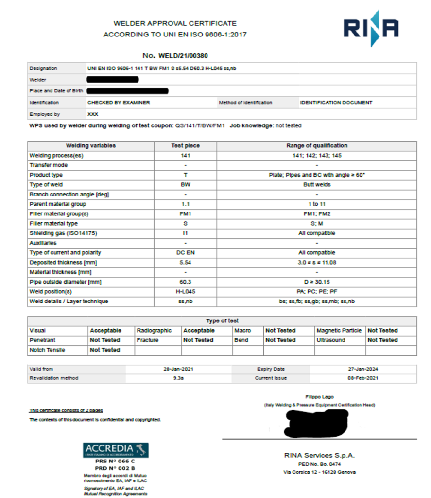 Brevet de soudage Rina