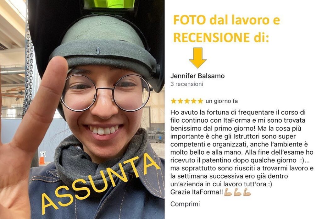 ItaForma | Jennifer Balsamo da Roma Saldatrice assunta | Scuola ItaForma | Corso Saldatura