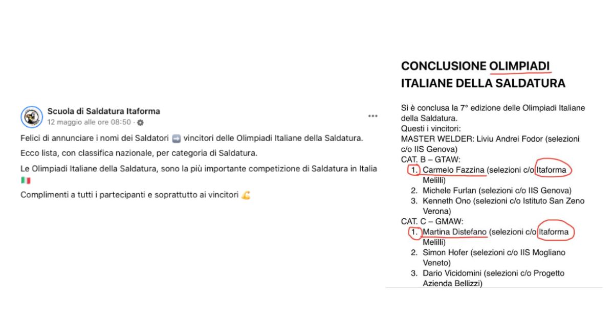 ITAFORMA - Cursos de soldadura de metais | Finalistas da Olimpíada Italiana de Soldadura | Escola ItaForma | Curso de soldadura