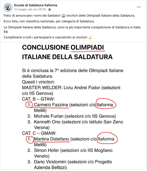 ITAFORMA - Corsi di Saldatura Metalmeccanica | Olimpiadi della Saldatura 2023 ITAFORMA prima posizione 2 | Scuola ItaForma | Corso Saldatura